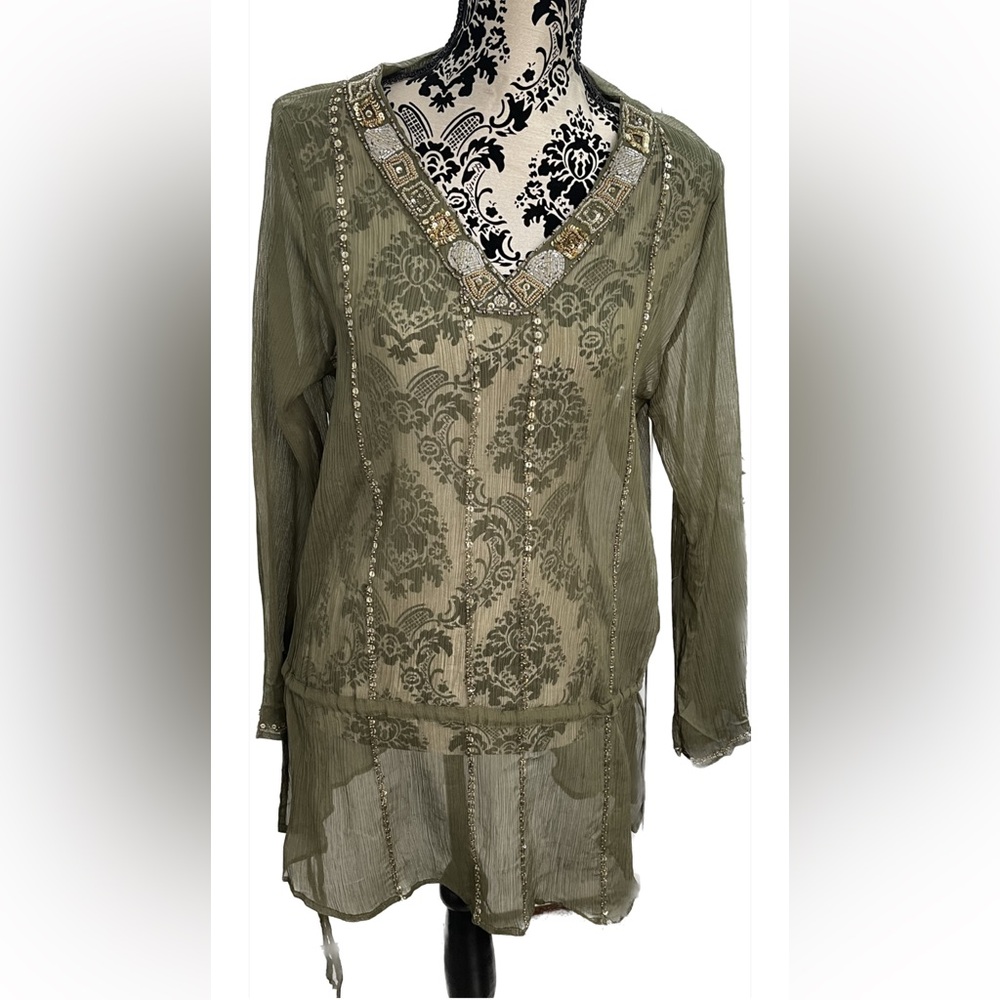 Size Olive Green Women’s Embellished V-Neck Boho Tunic Size L